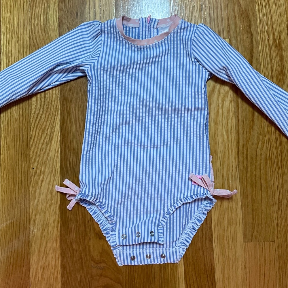 Blue seersucker Ruffle Butts bathing suit